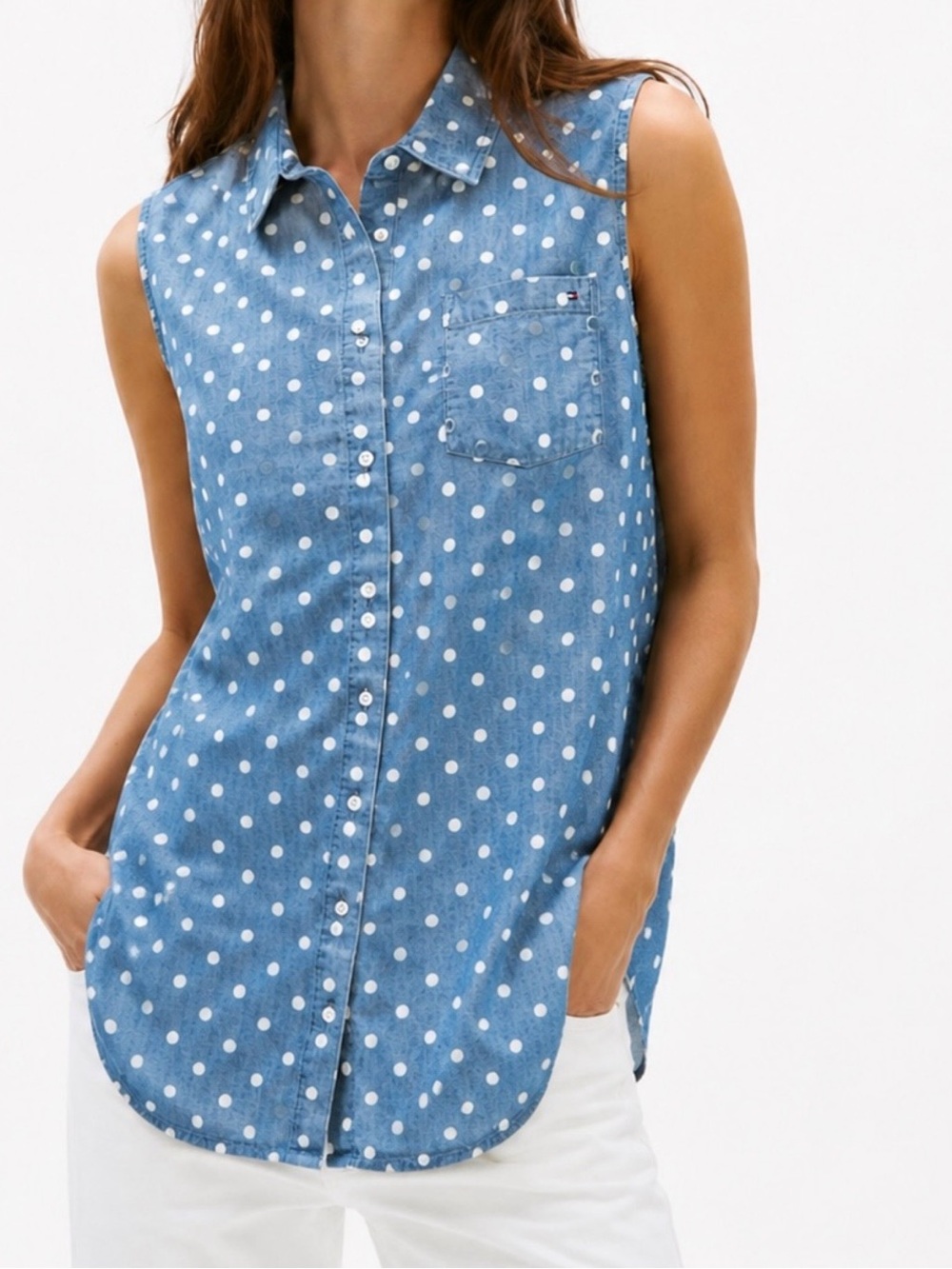 Tommy Hilfiger Blue Denim Polka Dot Sleeveless Button-Up Shirt Size XL